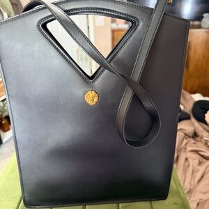 Anne Klein Black Susan Black Leather Bag with Gold Lion Accent And Hardware